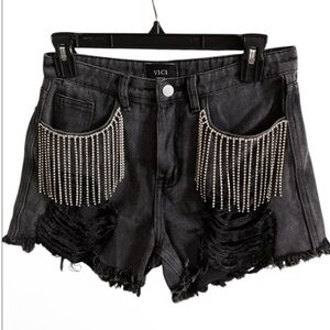 Vici Rhinestone Distressed Washed Black Cut Off Jean Shorts NWOT